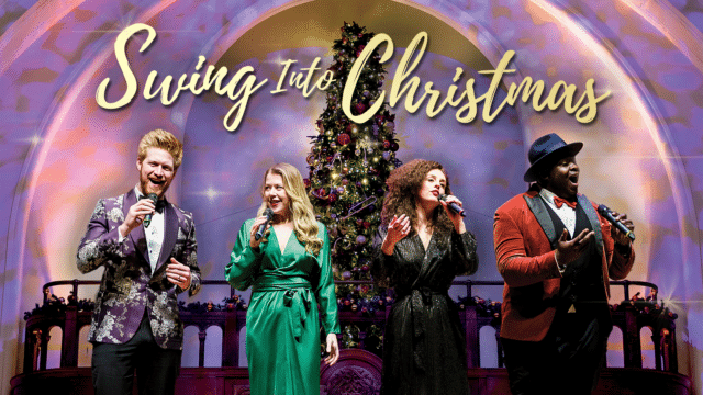 Four people singing into microphones, stood in front of a sparkling Christmas tree. Text reads: Swing Into Christmas