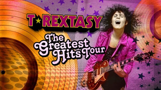 T.Rextasy The Greatest Hits Tour Artwork. A grainy image of purple stars and golden records. A performer dressed as Marc Bolan, in a shin pink jacket, sings with mouth wide and eyes closed while playing the guitar. Text reads: 'T★Rextasy The Greatest Hits Tour'.