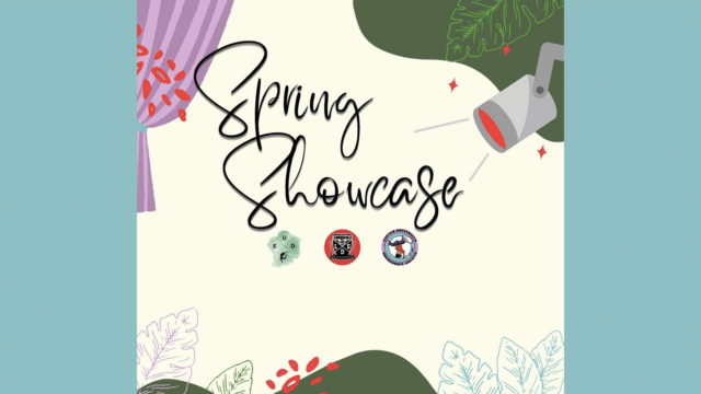 The background is cream with two-dimensional graphics showing a theatre curtain, leaves and a theatre spotlight. The title text states: Spring Showcase.