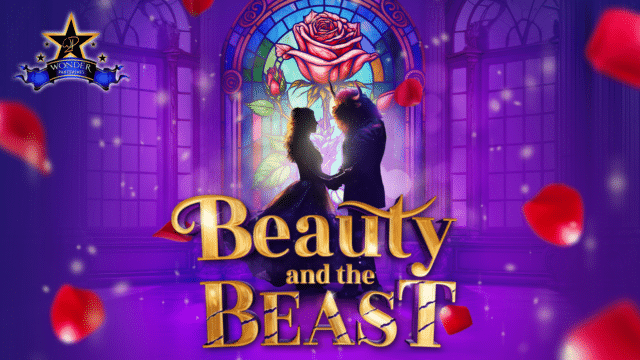 Wonder pantomimes Beauty and the Beast. In front of a large stained glass window of a rose, Beauty and the Beast are standing facing each other and holding hands. Rose petals are falling around them.