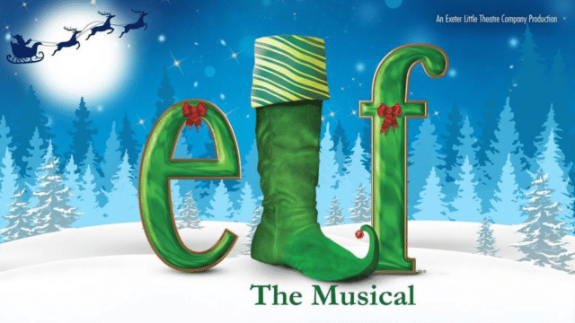 Artwork for Elf The Musical: The letters, which spell ELF, are fashioned to look like green presents and a curled Christmas boot. The background is artwork of a snowy landscape, with blue and white trees in the background. In the starry sky, Santa is on his sleigh being pulled by reindeers.