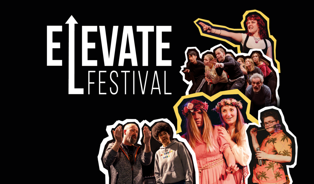 White text reads 'Elevate Festival'. Black background. Right: a collage of photos of performers, outlined in white and yellow lines.