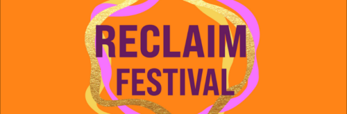 Orange background. Gold, yellow and lilac wavy lines encircle the words 'Reclaim Festival', written in purple capitals.
