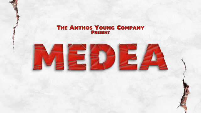 Background: cracked, whitewashed wall. Red text reads 'The Anthos Young Company present Medea'.