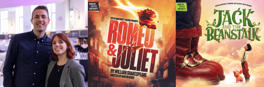 Left to right: photo of Daryl McMullan and Rhiannon Squance, co-founders of Complete Communication, smiling; Romeo & Juliet promo artwork; Hack and the Beanstalk promo artwork.