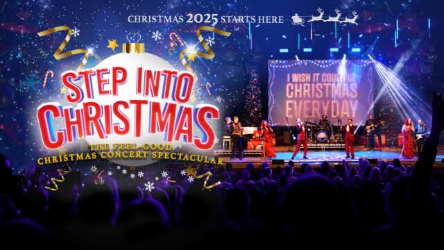 Step Into Christmas artwork. Performers are singing on stage in front of an audience. They are dressed in red and white suits. Text reads: 'Christmas 2025 starts here. Step Into Christmas. The feel-good Christmas concert spectacular'.'