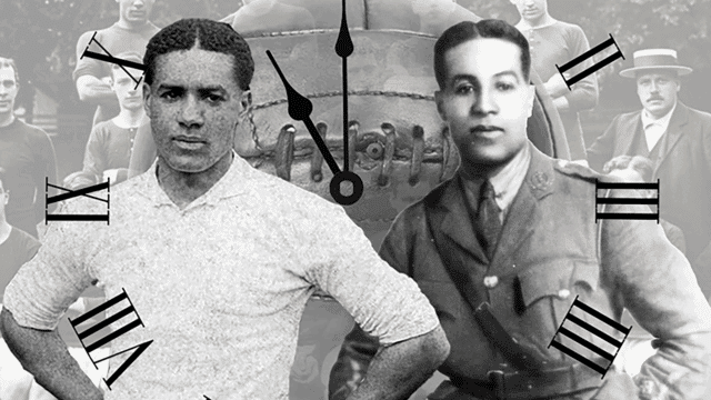 Black and white photo of two men in historical dress overlaid over a clock face and more photos of a sports team.