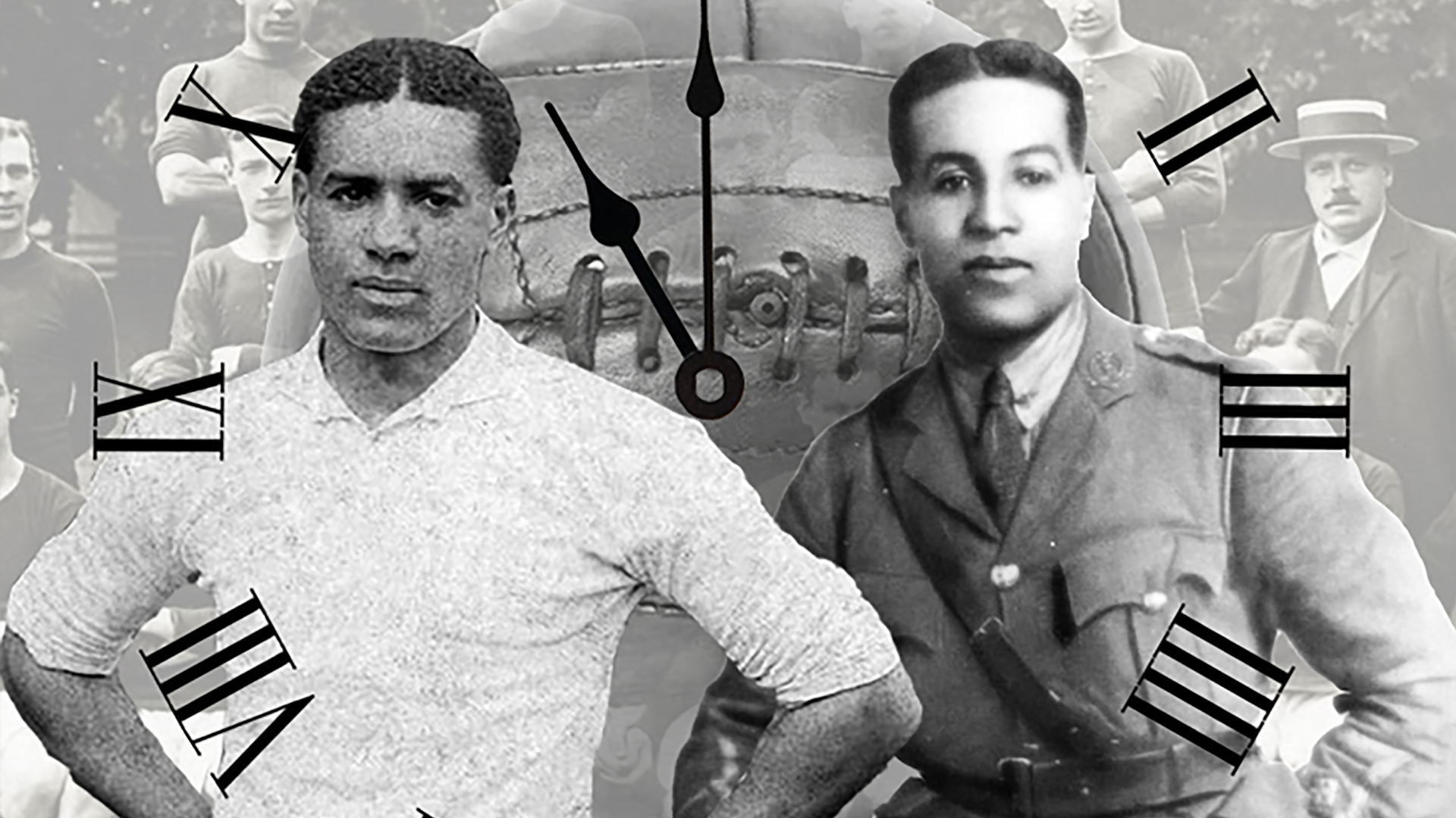 Black and white photo of two men in historical dress overlaid over a clock face and more photos of a sports team.