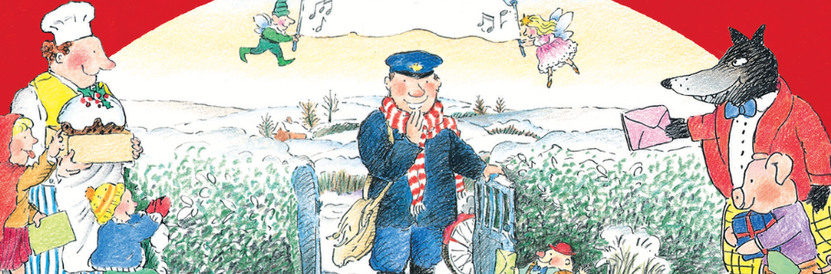 Illustration. The Jolly Christmas Postman walks through a garden gate, where he is greeted by all manner of fairy tale characters.