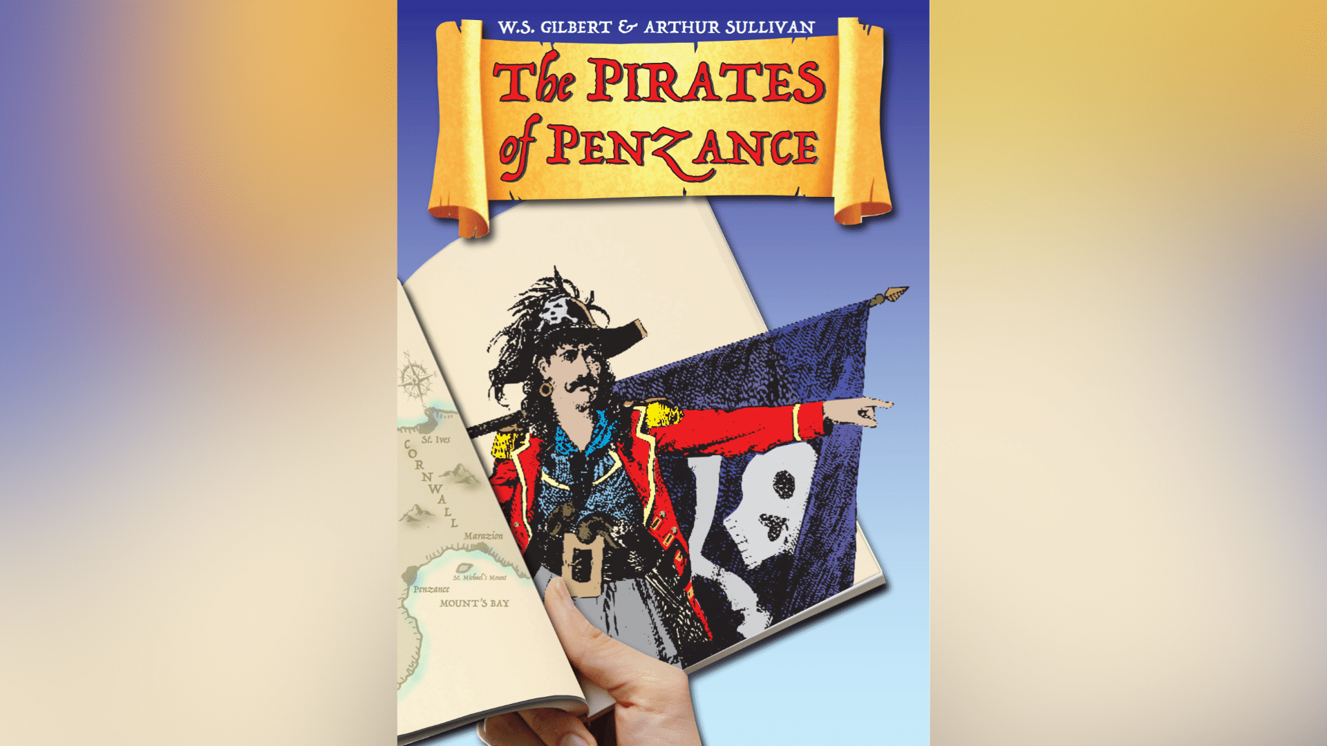 'The Pirates of Penzance' artwork. A hand holds a book with a pirates map, popping out from the book is a drawing of a pirate pointing outwards.