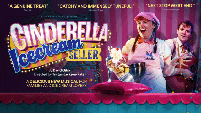 Cinderella Ice Cream Seller promotional artwork: a woman in a pink apron and hat holds a wooden spoon and a bowl. Her mouth is open mid-song. Behind her stands a man playing an acoustic guitar. In the foreground is a glass slipper filled with ice cream sitting on a velvet cushion. Text reads: