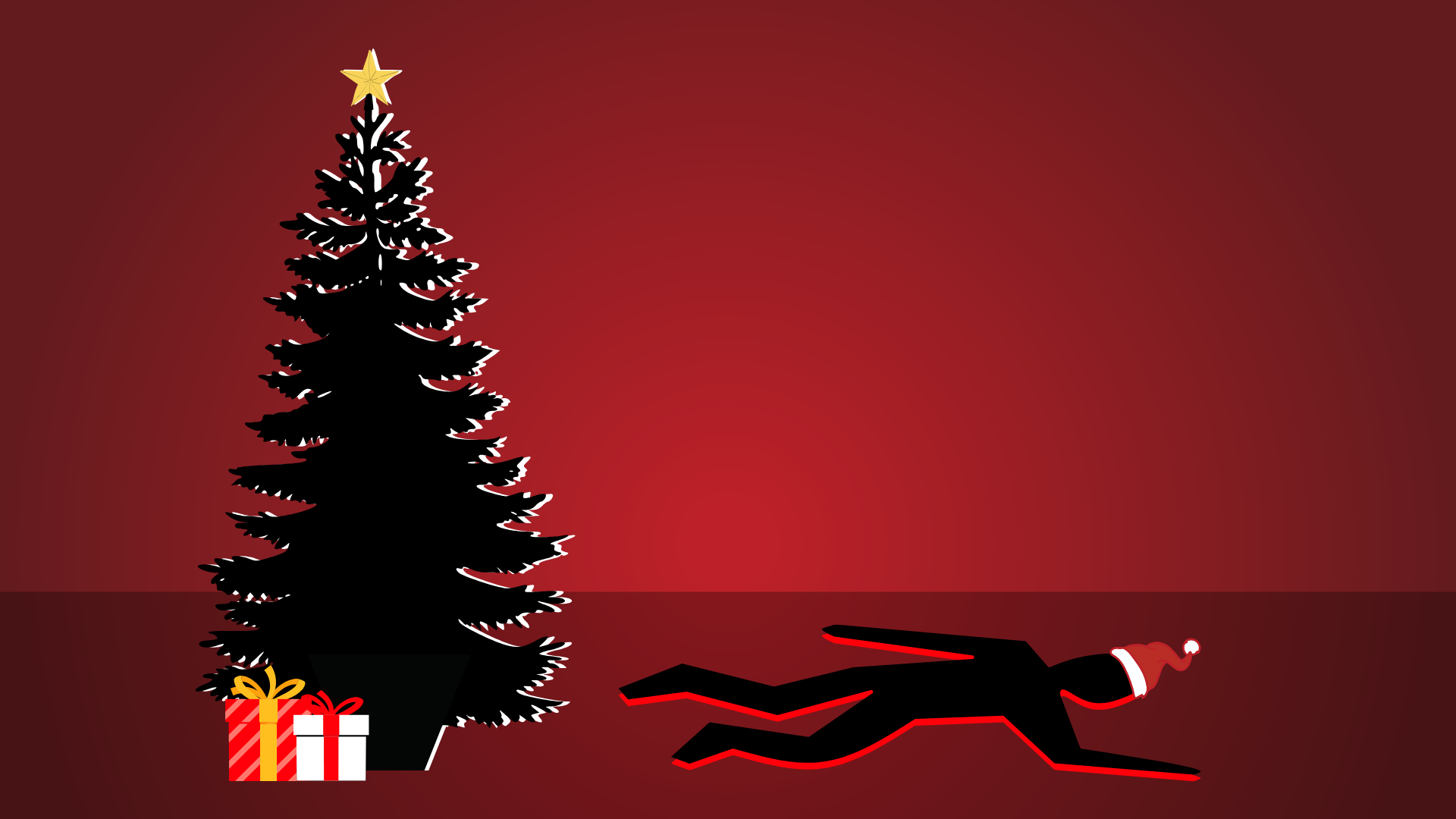 A Shocking Christmas promotional artwork: an illustration of a decorated Christmas tree with two wrapped presents beneath it. On the floor beside the tree is the outline of a dead body wearing a Father Christmas hat.
