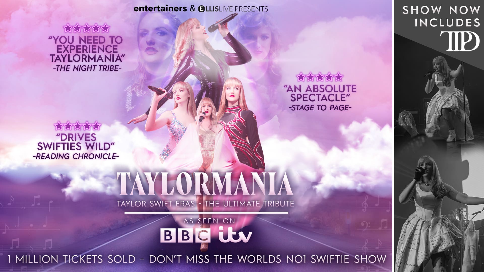 Taylormania promotional artwork: a photographic montage of Katy Ellis performing as Taylor Swift against a background of pink and purple clouds. Text reads: 'Entertainers and Ellislive presents. Taylormania. Taylor Swift eras the ultimate tribute. As seen on BBC and ITV. 1 million tickets sold. Don't miss the world's no1 Swiftie show. (Five stars)