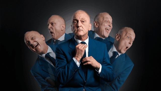 Five images of David Benson, all wearing the same suit and tie combo, pulling various emotive facial expressions.