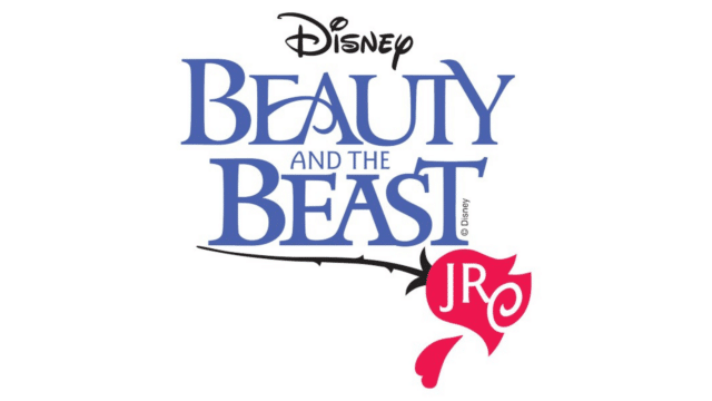 Disney's Beauty & The Beast Jr artwork: the Disney logo above 'Beauty and the Beast' written in blue lettering. Below is an illustration of a rose with 'JR' written on the flower.