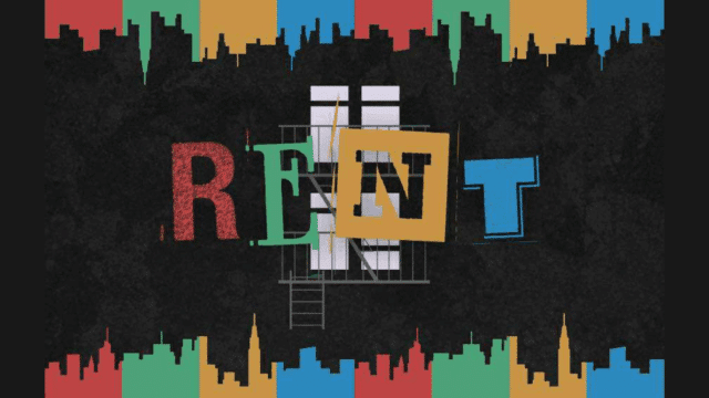 Rent The Musical promotional artwork. Text reads 'Rent' in multicoloured letters in mis-matched fonts. An illustration of a window from a New York apartment. Above and below are silhouetted New York sky lines.