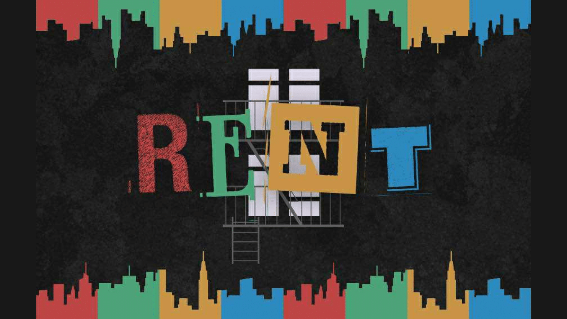 Rent The Musical promotional artwork. Text reads 'Rent' in multicoloured letters in mis-matched fonts. An illustration of a window from a New York apartment. Above and below are silhouetted New York sky lines.