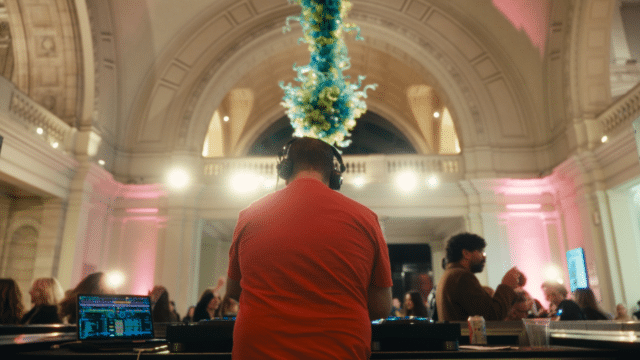 A photo of a man taken from behind. He has headphones and a red t shirt on and is DJing in a large hall.