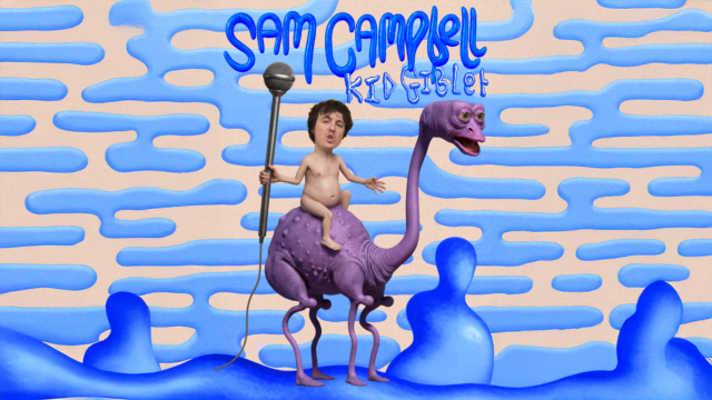 Poster image of Sam Campbell sitting on a four legged fictional creature. The image background has dual tone waves of beige and light blue. The text reads,
