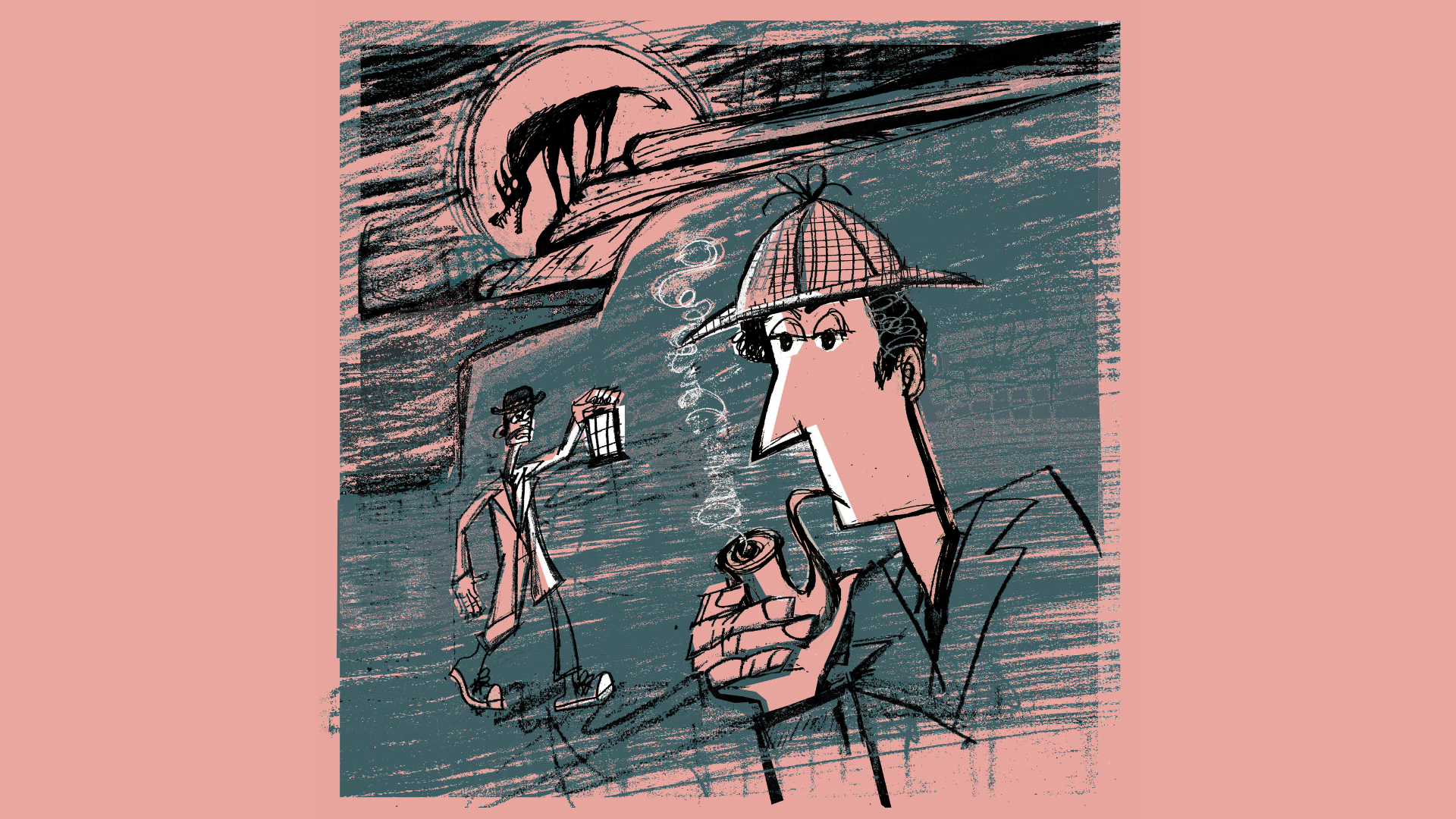 Sherlock Holmes and the Hound of the Baskervilles promotional artwork: an illustration of Sherlock Holmes smoking a pipe. In the background a man walks through the moor holding a lamp and a hound stands atop a tor backlit by a full moon.