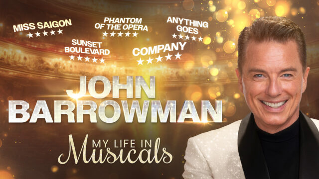 John Barrowman: My Life In Musicals artwork. Image of John Barrowman smiling against a glittery gold background. Text reads: 'John Barrowman: My Life In Musicals'.