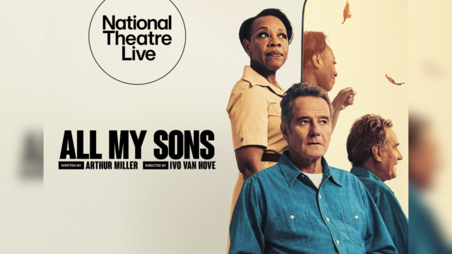 NT Live - All My Sons promotional artwork: a photograph of a seated Bryan Cranston with Marianne Jean-Baptiste stood behind him. Both stare darkly into the distance. Behind them in a full length mirror, the reflected versions of themselves smile and two dead leaves fall from the sky. Text reads: 'National Theatre Live. All My Sons. Written By Arthur Miller. Directed by Ivo Van Hove'.