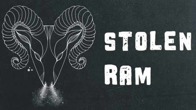 A white line illustration of a ram against a black background. Text reads: 'Stolen Ram'.