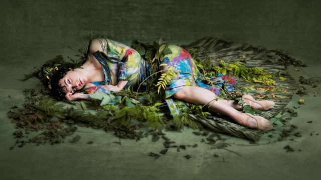 A photograph of a sleeping woman wearing a colourful floral dress and a flower crown, lying on a pile of green leaves.