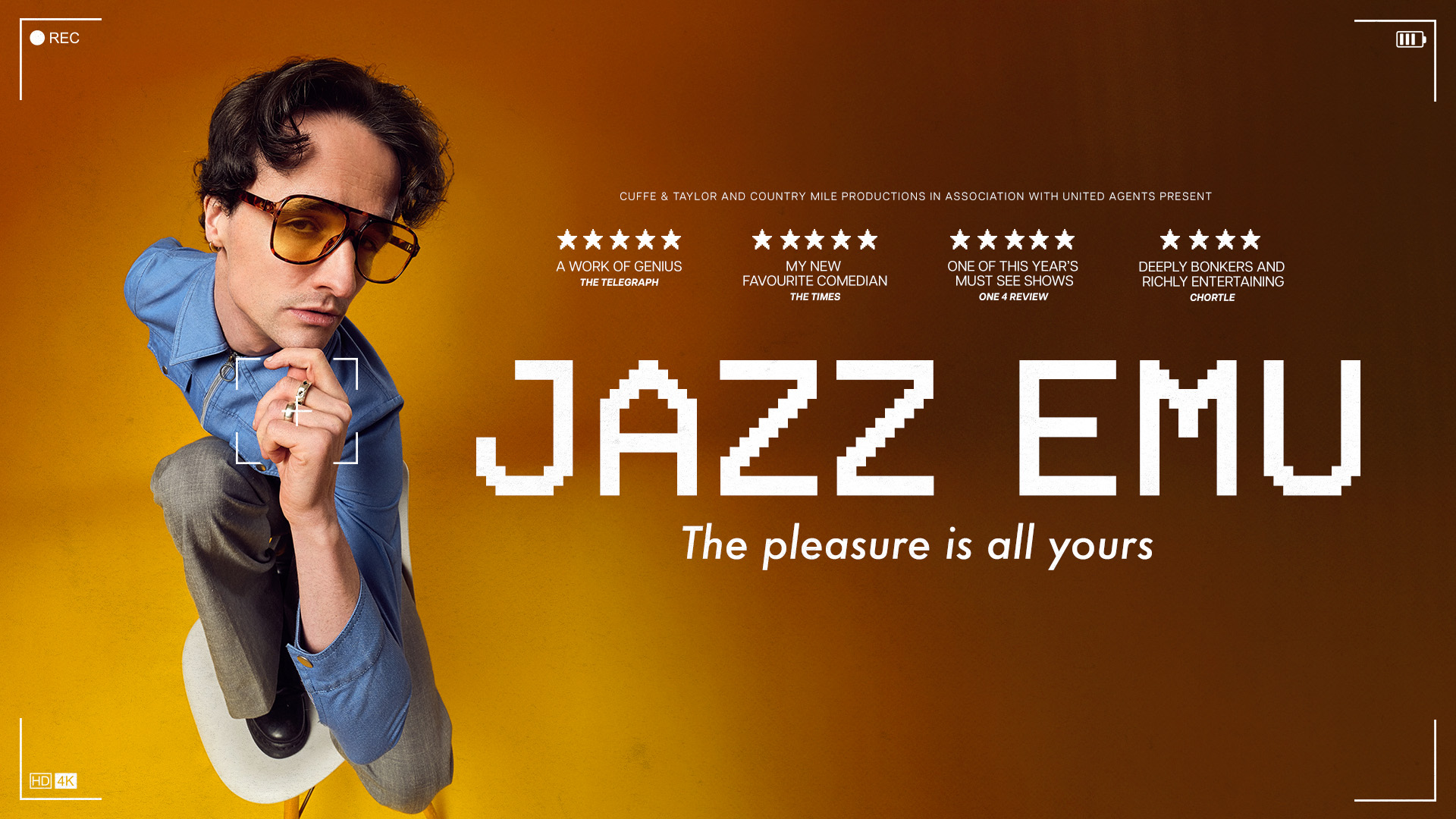 Jazz Emu promotional artwork: a photograph of Jazz Emu knelt on a chair, taken from above with a fisheye lens. He is wearing sunglasses and is striking his chin. Text reads: 'Cuff & Taylor and Country Mile Productions in association with United Agents present. (Five stars)