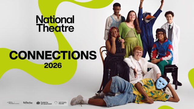 National Theatre Connections 2026. A group of 8 kids is posin for the camera, smiling. One has his hands up in the air in excitement, two are wearing theatre masks.