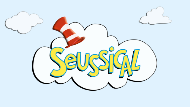 Seussical: The Musical artwork: a cartoon of three clouds against a light blue background. On the middle cloud there is a red and white striped top hat and text reading: 'Seussical'.