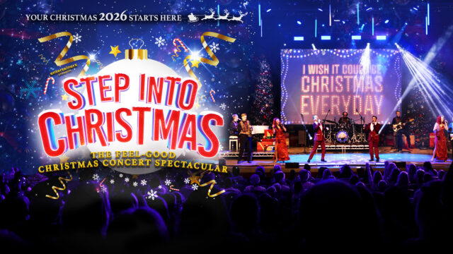 Step Into Christmas artwork. Performers are singing on stage in front of an audience. They are dressed in red and white suits. Text reads: 'Christmas 20256 starts here. Step Into Christmas. The feel-good Christmas concert spectacular'.'