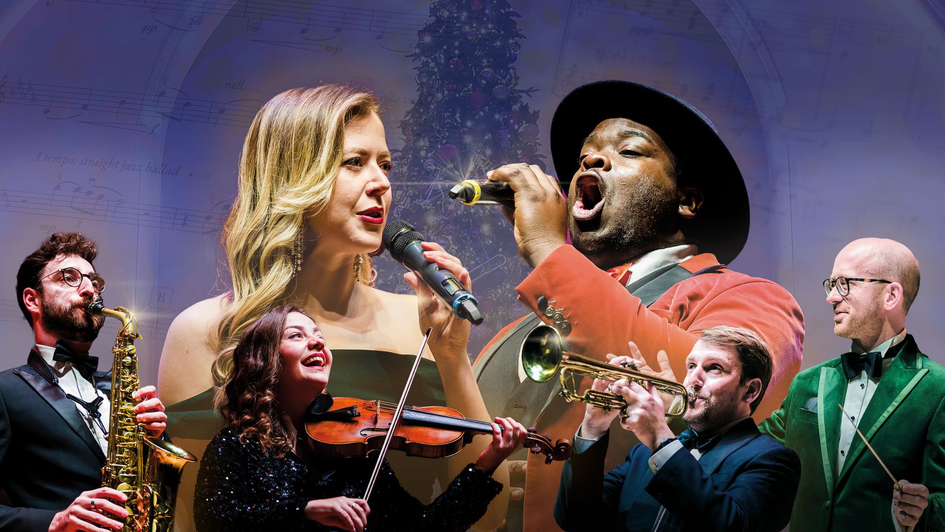 A collage image of several members of the Down for the Count Orchestra set against a background with a decorated Christmas tree and flowing musical notes.