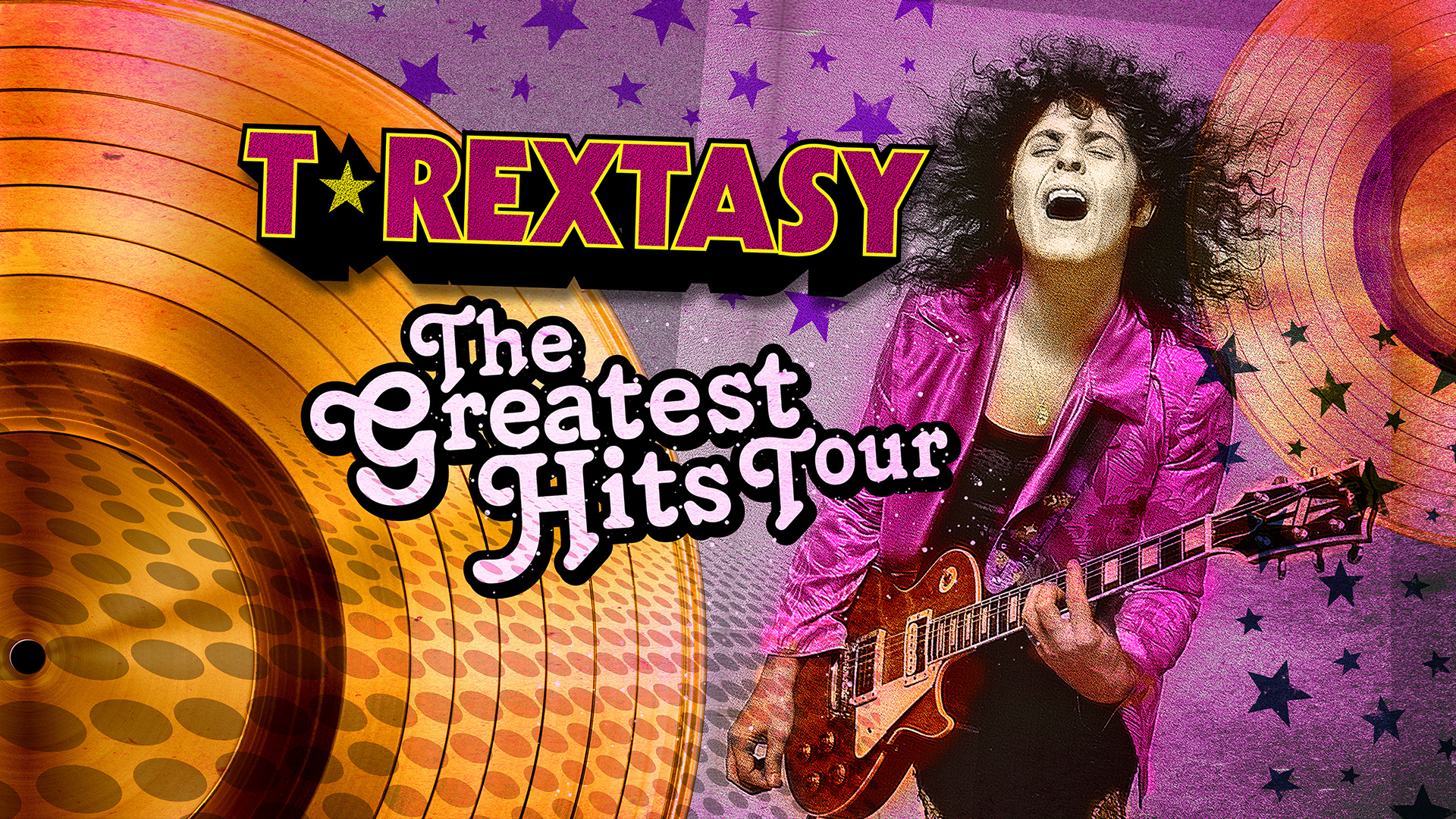 T. Rextasy the Greatest Hits. Photo of a man with long dark hair, wearing a bright pink jacket, playing hte electric guitar.