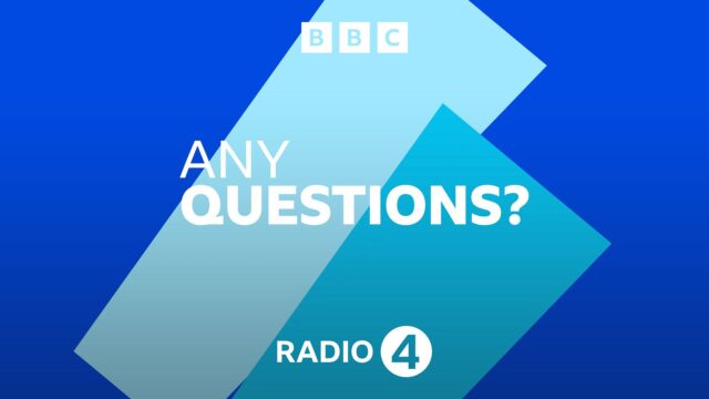 Postr artwork for BBC's Any Questions. There is a BBC logo at the top centre and a Radio 4 logo at the bottom centre.