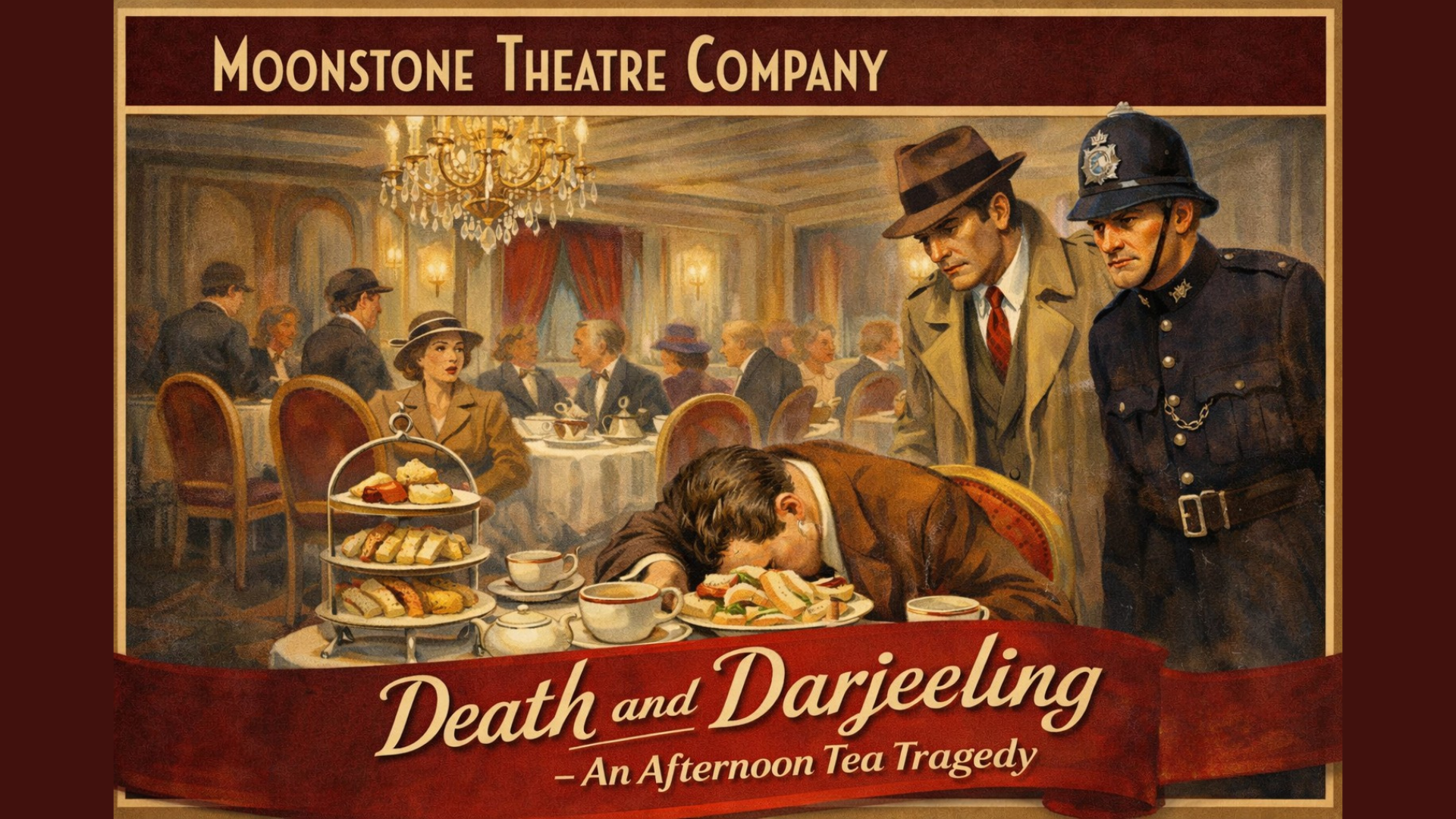 Murder Mystery: Death and Darjeeling – an Afternoon Tea Tragedy artwork. Vintage style painting of a man dead at a tea party, his face in a plate of sandwiches. A policeman and detective are looking over him. Text reads: 'Moonstone Theatre Company. Death and Darjeeling – an Afternoon Tea Tragedy'.