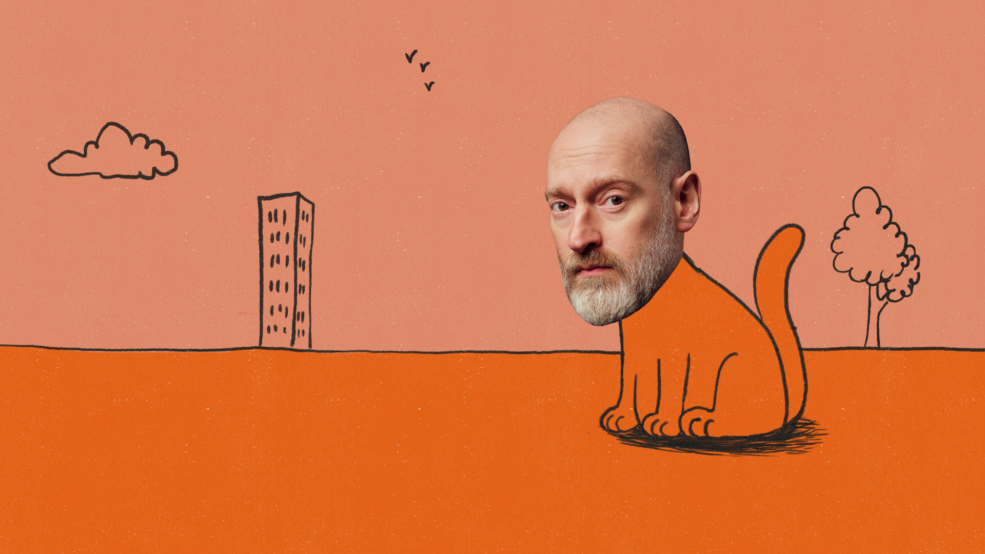 Henry Paker: Pencil Case promtional artwork: a cutout photograph of Henry Paker's face on the cartoony, illustrated body of a cat. He sits against an illustrated background, in a wide expanse of empty space with a tree and a block of flats in the distance.