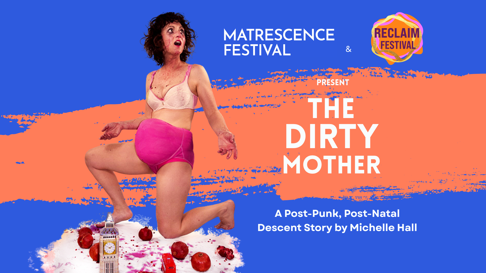 A woman in pink undergarments kneels on the ground surrounded by a pond of whipped cream, pomegranates, a toy Big Ben, and a tampon, with the text