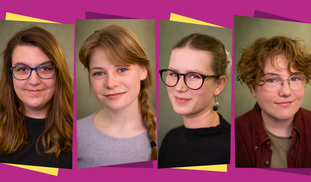 Headshots of the four members of the Clifford Company (in order): Ally Bradley, Issey Mathias, Verity Soley, Fran Harman. The images are on a pink background, with yellow and purple shapes behind for decoration.