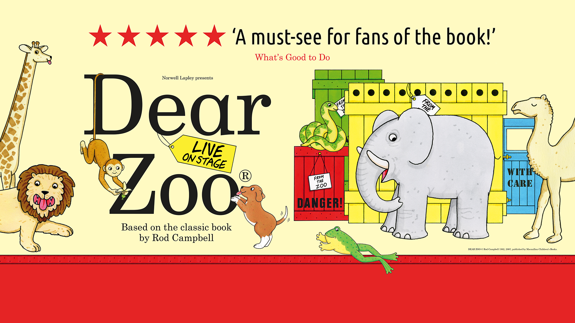 Hero artwork for Dear Zoo. There's an illustrated elephant, dog, monkey, lion and frog. Text reads,