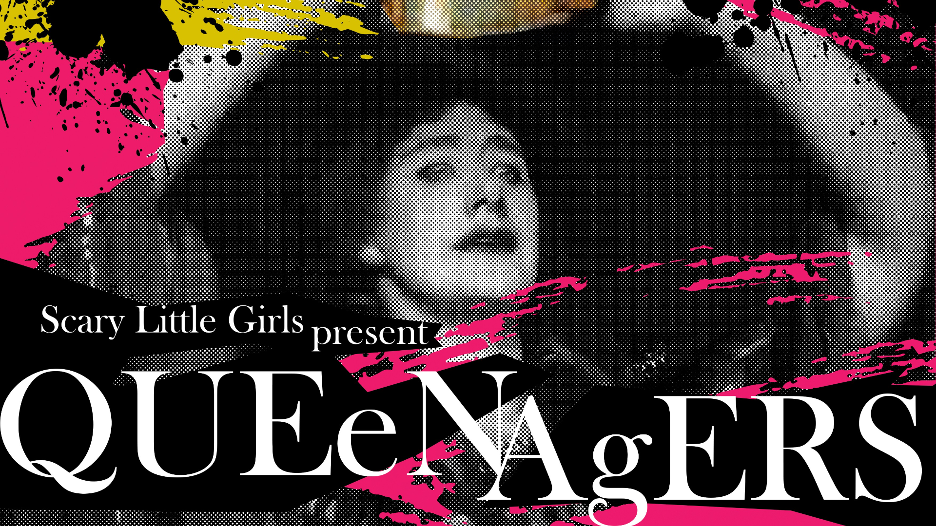 Poster artwork for Queenagers. A blurry image of a woman scared. Text reads,