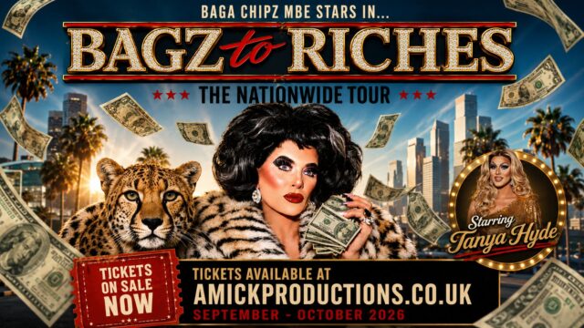 A photo of Baga Chipz and a leopard. In the background are palm trees and skyscrapers. The text on the image says Baga Chipz MBE stars in Bagz to Riches The Nationwide Tour. Tickets on sale now