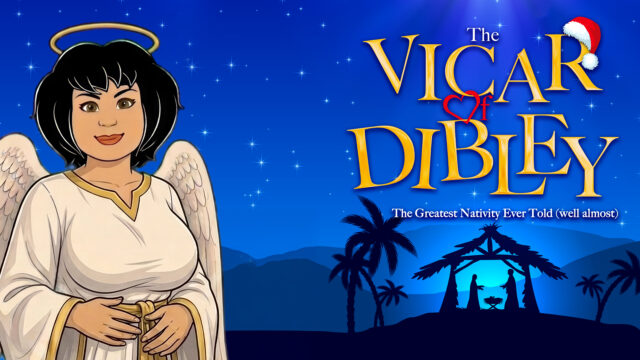 Illustrated artwork with a blue, starry night sky in the background. On the left is an illustration of a person wearing white with gold accents, with wings and a halo. On the right of the image, text reads 'The Vicar of Dibley. The Greatest Nativity Ever Told (well almost)'. A red and white Santa hat sits on top of the letter 'r' and the 'o' is replaced by a red heart. Below the text is the distant silhouette of palm trees surrounding what appears to be a manger with two people stood either side of a raised basket or feeding trough.