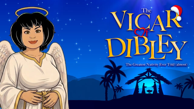 Illustrated artwork with a blue, starry night sky in the background. On the left is an illustration of a person wearing white with gold accents, with wings and a halo. On the right of the image, text reads 'The Vicar of Dibley. The Greatest Nativity Ever Told (almost)'. A red and white Santa hat sits on top of the letter 'r' and the 'o' is replaced by a red heart. Below the text is the distant silhouette of palm trees surrounding what appears to be a manger with two people stood either side of a raised basket or feeding trough.