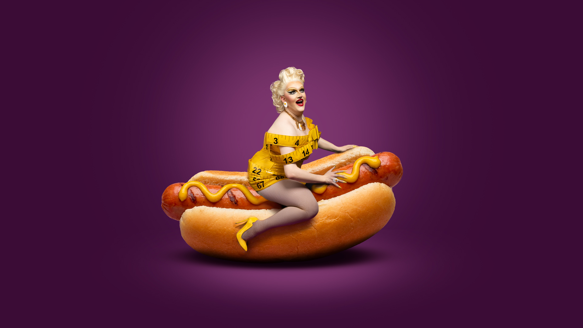 Lawrence Chaney, Weight a Minute Artwork: A purple background with a photo of drag queen Lawrence Chaney, wearing a dress made out of measuring tape, sat on a large hot dog.