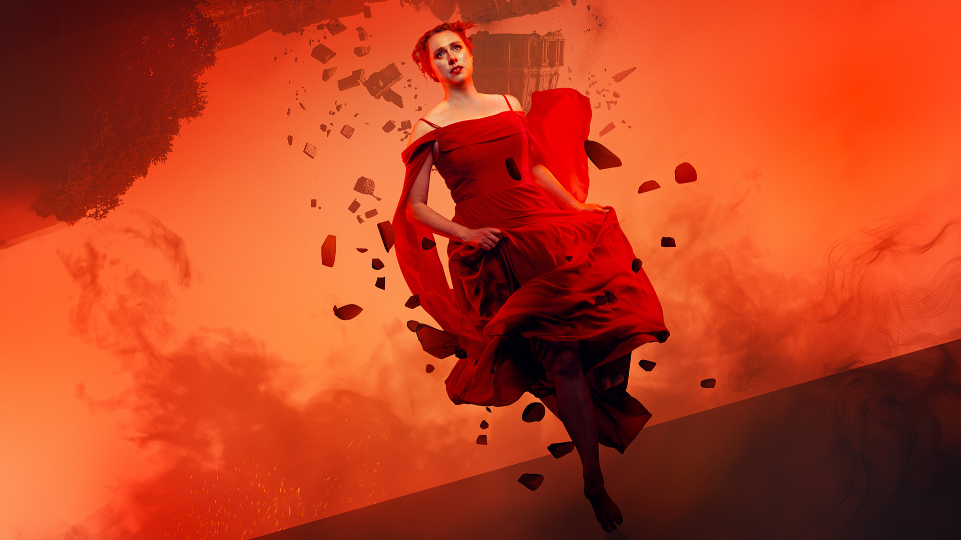 English Touring Opera's Puccini: Tosca artwork. Image shows a lady dressed in a red dress running from a red, smoky ruined world as a building crumbles around her.