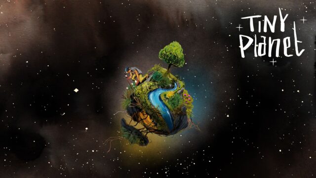 Tiny Planet artwork. A black starry night with an illustrated planet in the centre with rivers and trees on the surface of the planet. A person is kneeling on the surface of the planet holding a big stick. Text reads: Tiny Planet