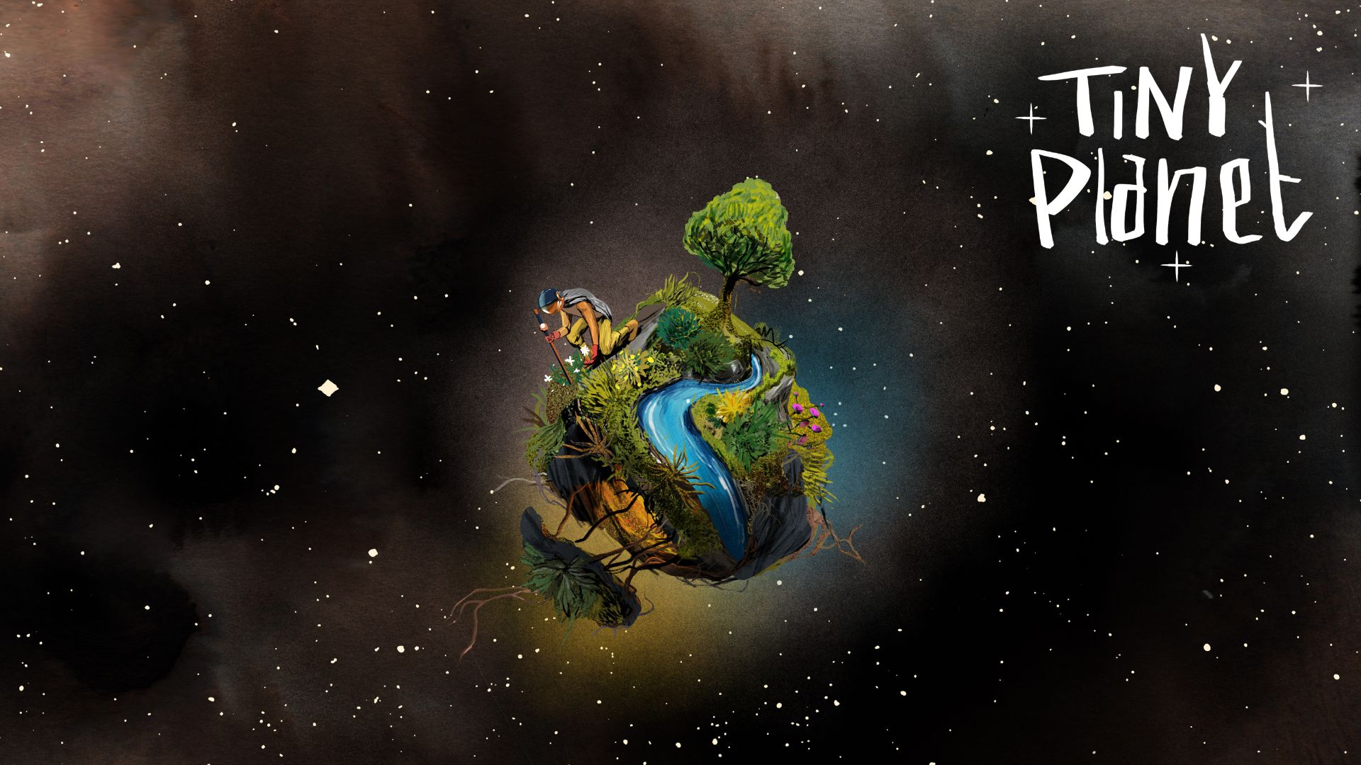 Tiny Planet artwork. A black starry night with an illustrated planet in the centre with rivers and trees on the surface of the planet. A person is kneeling on the surface of the planet holding a big stick. Text reads: Tiny Planet