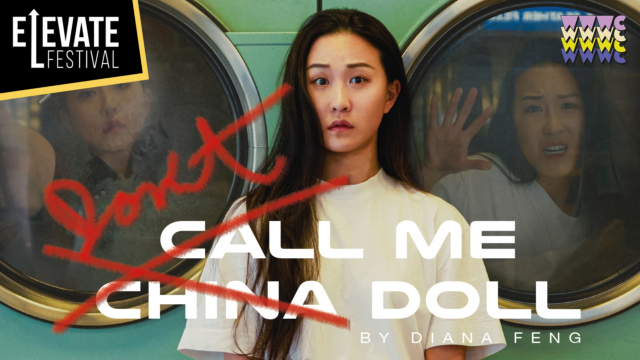 Don't Call Me China Doll artwork: A photo of a woman staring into the camera in front of two washing machines. In the drum of the washing machines are an image the woman holding an old school long cigarette holder and the same woman trying to get out of the washing machine. Text reads: Don't Call Me Your China Doll. By Diana Feng