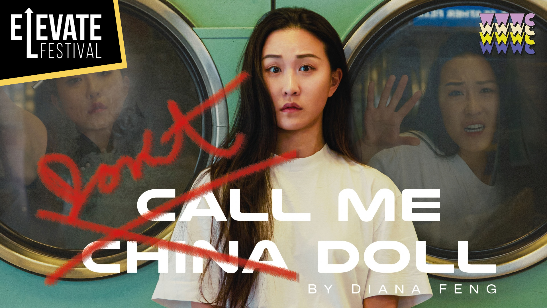 Don't Call Me China Doll artwork: A photo of a woman staring into the camera in front of two washing machines. In the drum of the washing machines are an image the woman holding an old school long cigarette holder and the same woman trying to get out of the washing machine. Text reads: Don't Call Me Your China Doll. By Diana Feng